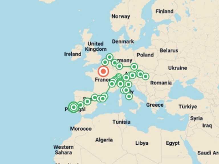 Map of Lisbon Cultural, religious and historic sites Tour with 18 destination visits for the trip: Contrast of Europe end Paris