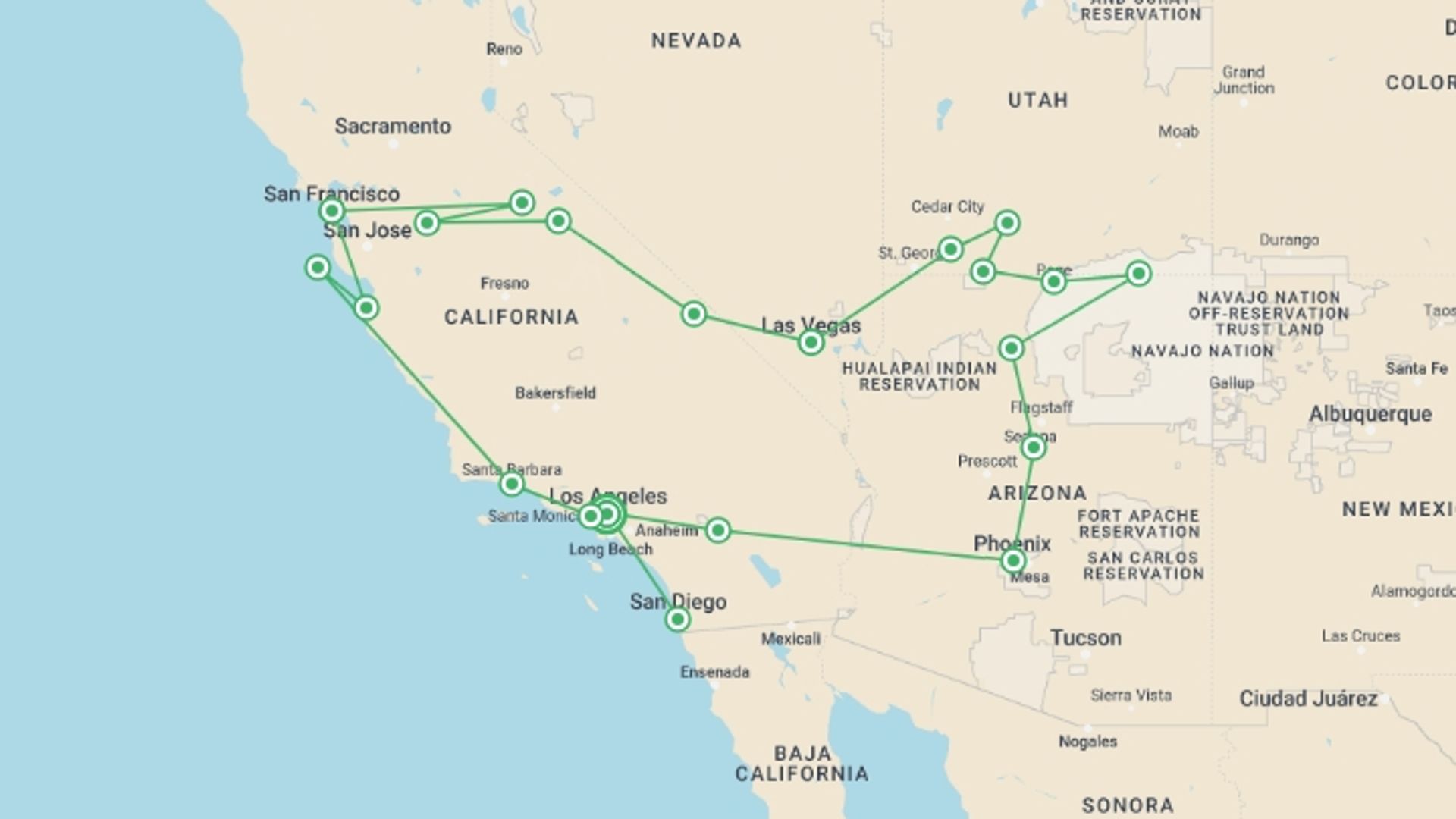 A map showing the tour itinerary for the trip: America's Western Discovery, starting in Los Angeles, USA and ending in Los Angeles, USA going through 10 other destinations.