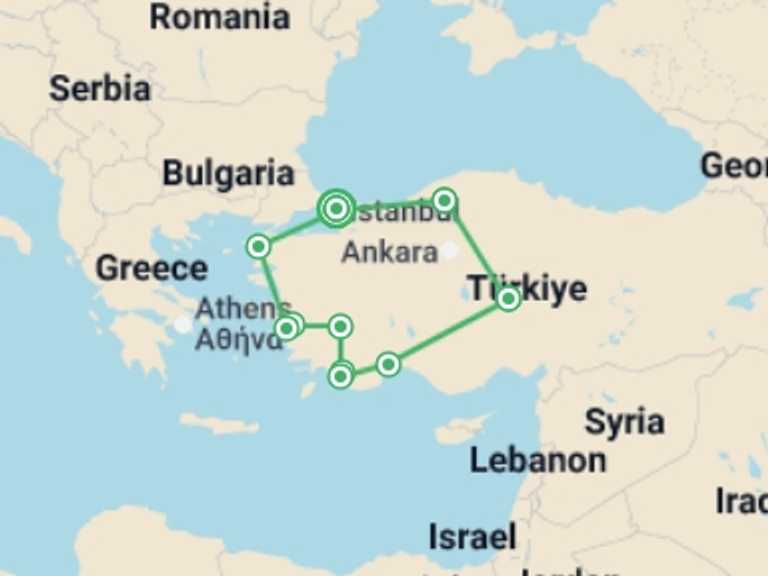Map itinerary of Mediterranean Tour in July 2026 with 10 destination visits for the trip: Legends of Turkey - 14 days