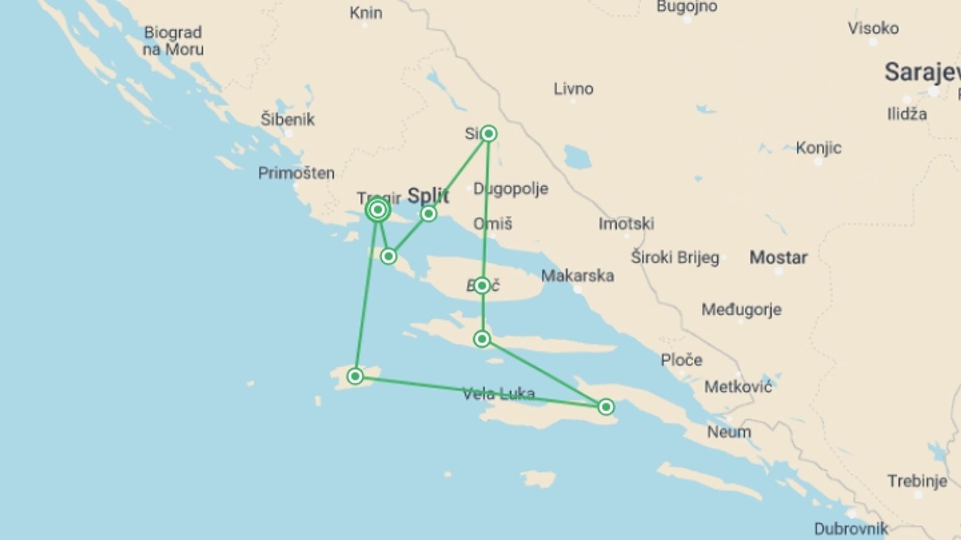 A map showing the tour itinerary for the trip: Croatia Family Adventure, starting in Trogir, Croatia and ending in Trogir, Croatia going through 5 other destinations.