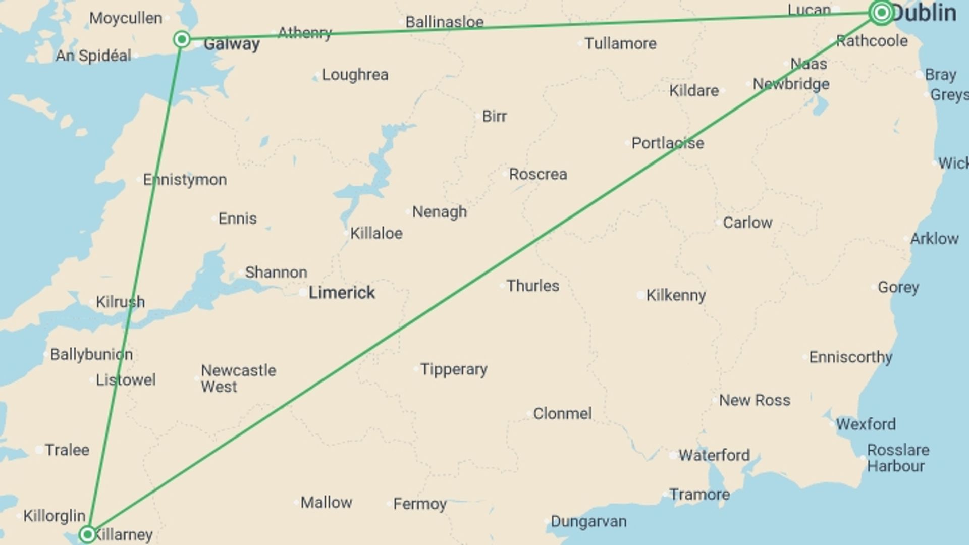 A map showing the tour itinerary for the trip: South West Ireland Uncovered - 5 days, starting in Dublin, Ireland and ending in Dublin, Ireland going through 3 other destinations.
