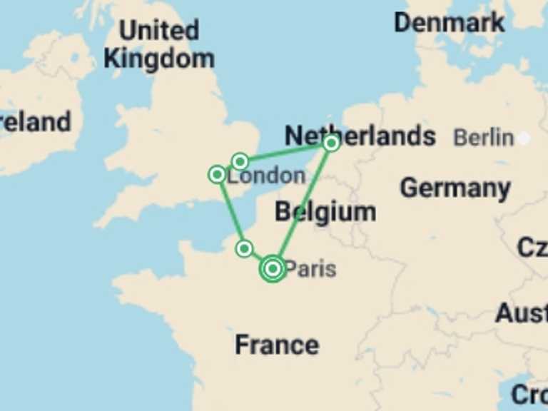 Map itinerary of Europe Tour in June 2026 with 5 destination visits for the trip: European Triangle GO