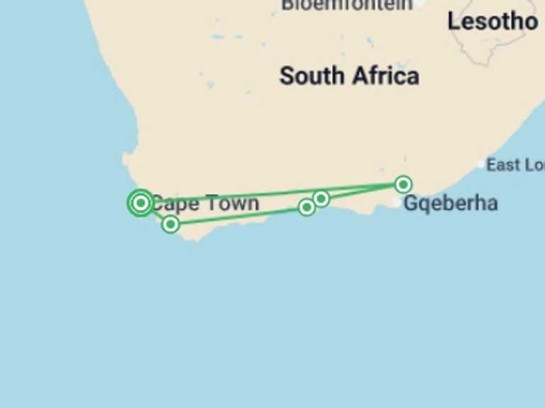 Map itinerary of Cape Town Tour in Spring with 7 destination visits for the trip: The Garden Route 10 Days