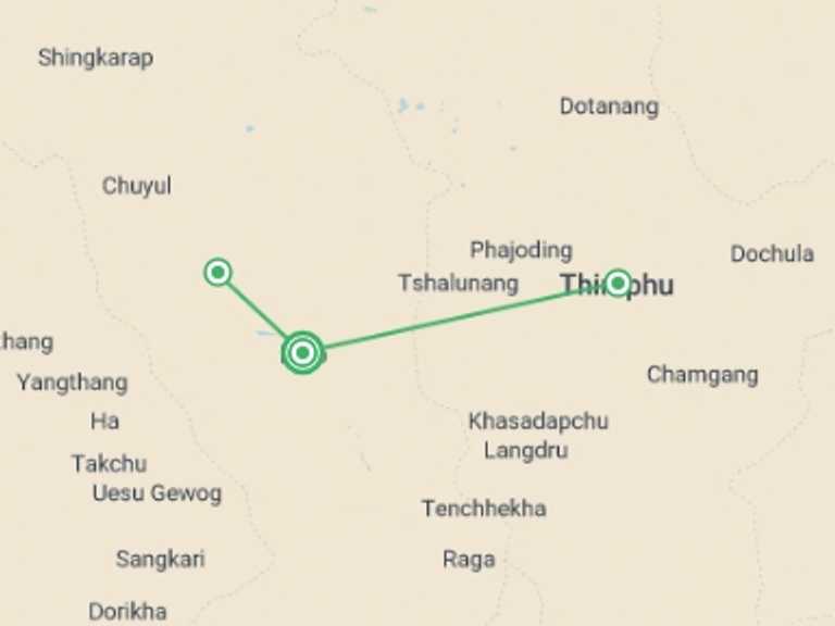 Map itinerary of Thimphu Tour in June 2026 with 3 destination visits for the trip: Bhutan Express - 4 days