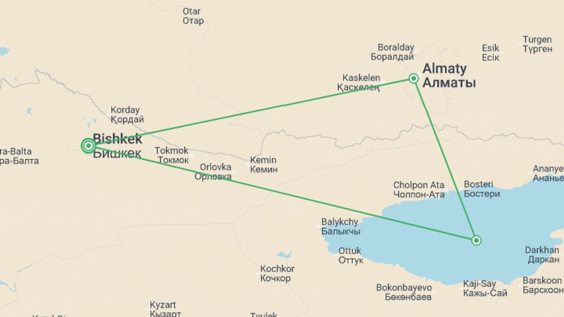 A map showing the tour itinerary for the trip: Bishkek To Bishkek (15 Days), starting in Bishkek, Kyrgyzstan and ending in Bishkek, Kyrgyzstan going through 2 other destinations.