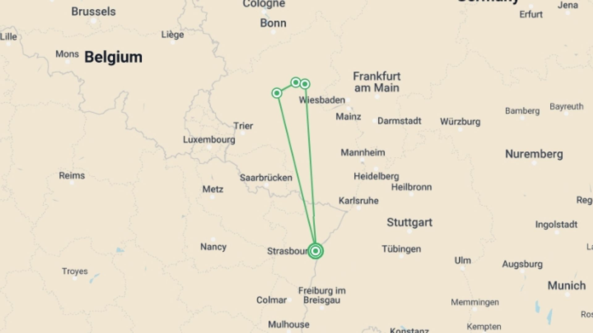 A map showing the tour itinerary for the trip: The Rhine and Moselle Rivers, starting in Strasbourg, France and ending in Strasbourg, France going through 3 other destinations.