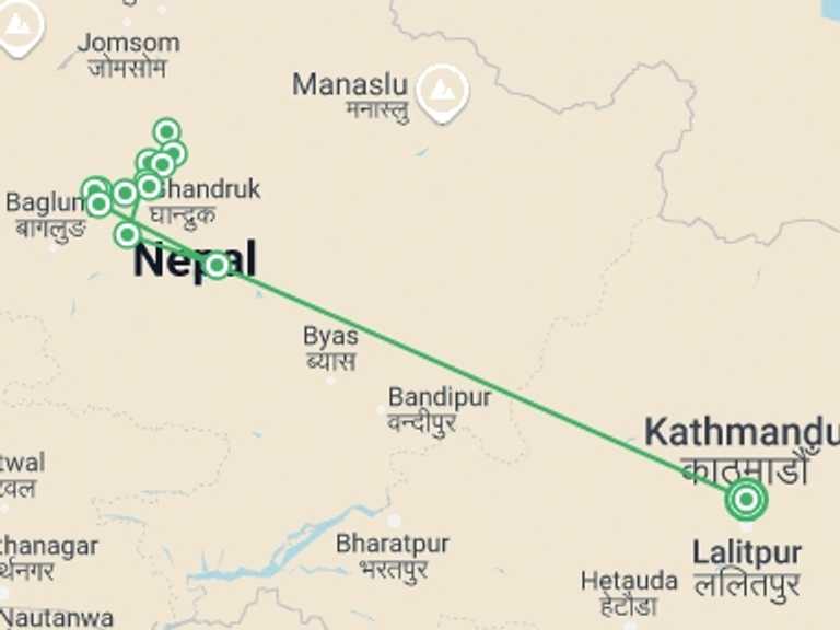 Map of Kathmandu Mountains Tour with 11 destination visits for the trip: Annapurna Base Camp Trek
