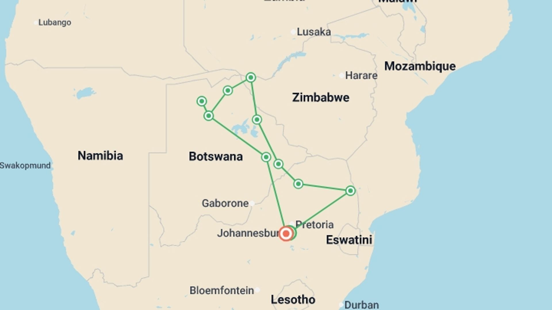 A map showing the tour itinerary for the trip: Experience Southern Africa, starting in Johannesburg, South Africa and ending in Soweto, South Africa going through 9 other destinations.