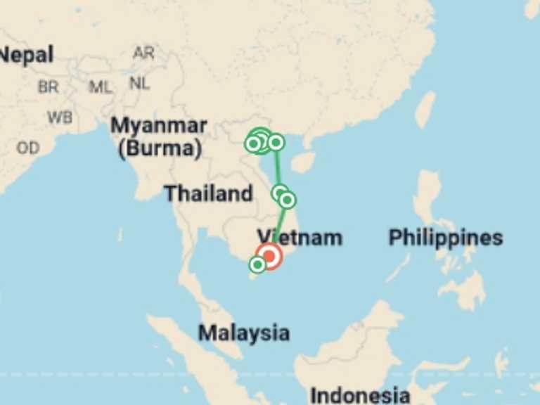 Map itinerary of Hanoi Tour in February 2027 with 7 destination visits for the trip: Scenic Vietnam