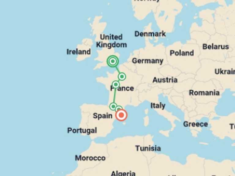 Map of a Sightseeing Tour with 6 destination visits for the trip: London to Barcelona