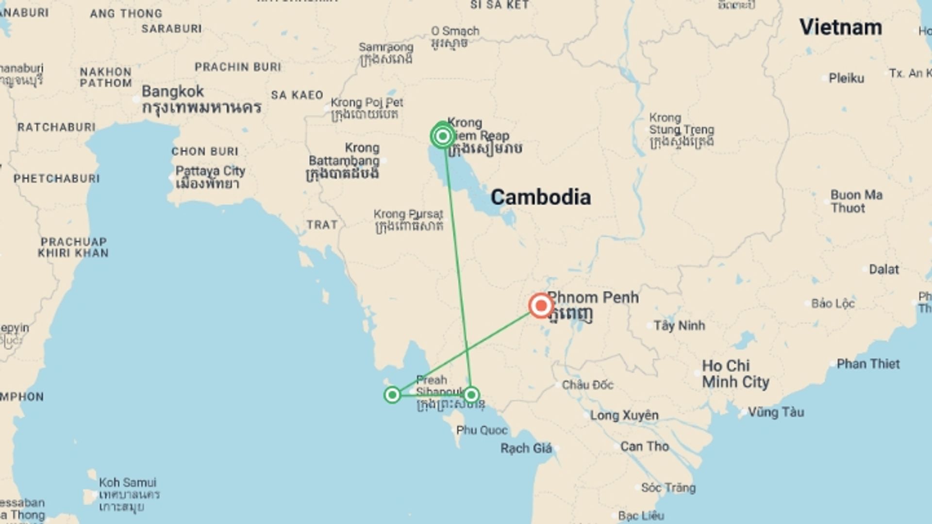 A map showing the tour itinerary for the trip: Cambodia Adventure 12D/11N, starting in Siem Reap, Cambodia and ending in Phnom Penh, Cambodia going through 3 other destinations.