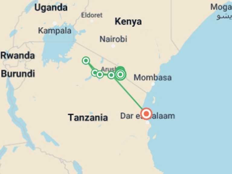 Map itinerary of Africa Tour in Fall with 12 destination visits for the trip: Kilimanjaro, Serengeti & Zanzibar