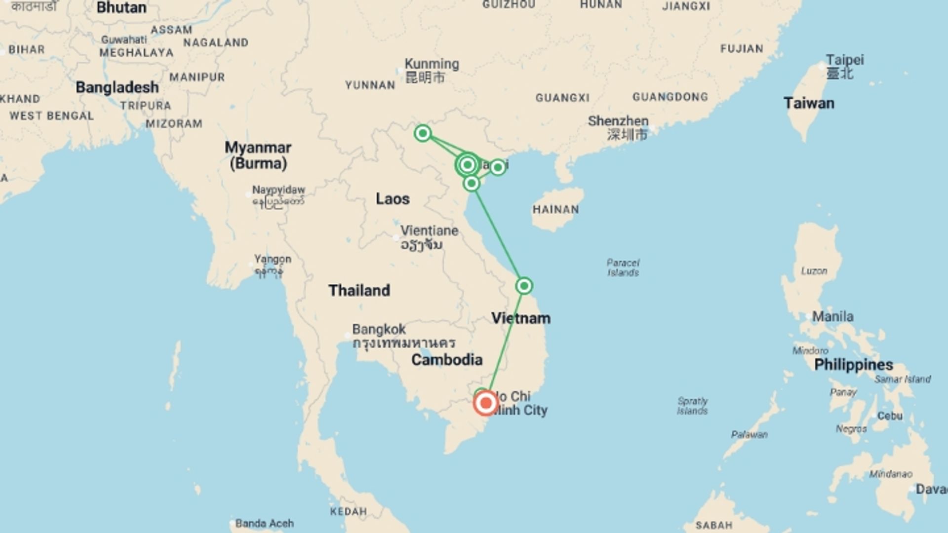 A map showing the tour itinerary for the trip: Vietnam Experience 15 day, starting in Hanoi, Vietnam and ending in Ho Chi Minh City, Vietnam going through 5 other destinations.