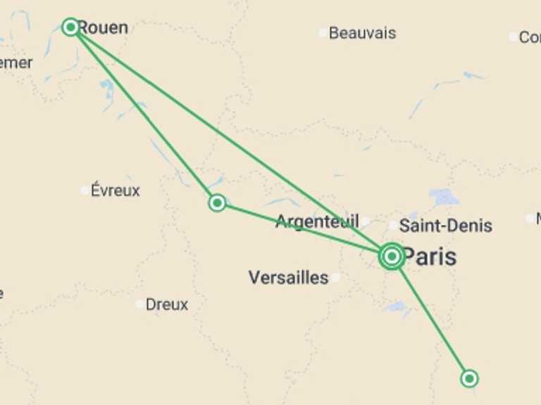 Map of Europe Tour with 4 destination visits for the trip: THE HISTORY OF FRANCE FROM PARIS TO NORMANDY Between heritage, landscapes, and Impressionist nuances (port-to-port cruise)