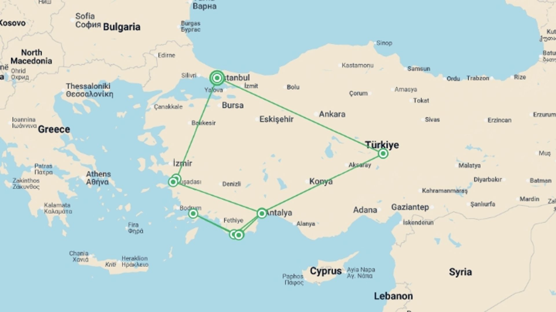 A map showing the tour itinerary for the trip: Highlights Of Turkey&blue Escape - 14 Days, starting in Istanbul, Turkey and ending in Istanbul, Turkey going through 9 other destinations.