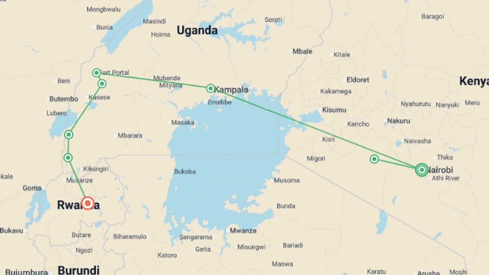 A map showing the tour itinerary for the trip: East Africa Discovery, starting in Nairobi, Kenya and ending in Kigali, Rwanda going through 5 other destinations.