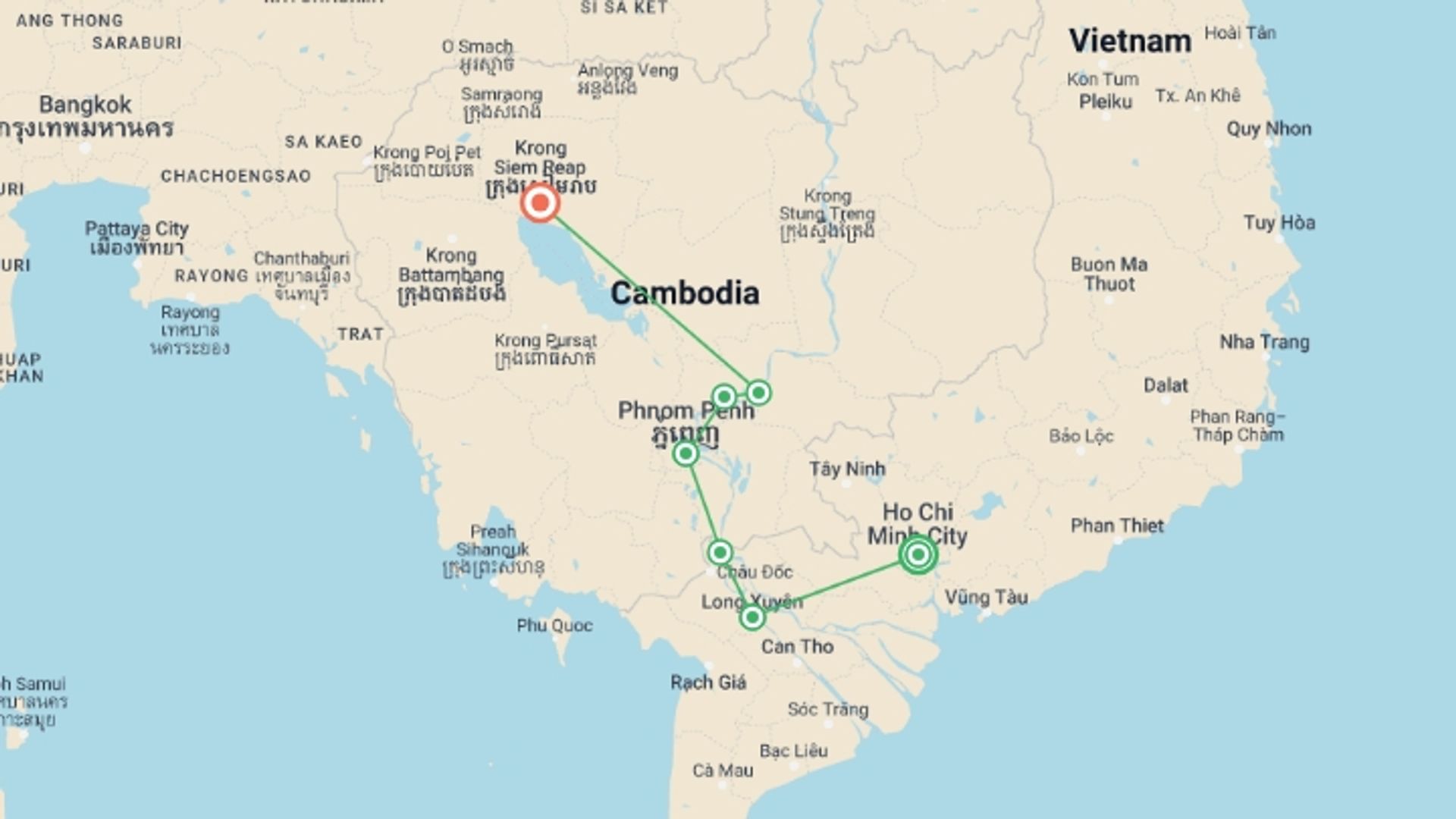 A map showing the tour itinerary for the trip: Magical Mekong Cruise Upstream, starting in Ho Chi Minh City, Vietnam and ending in Siem Reap, Cambodia going through 5 other destinations.