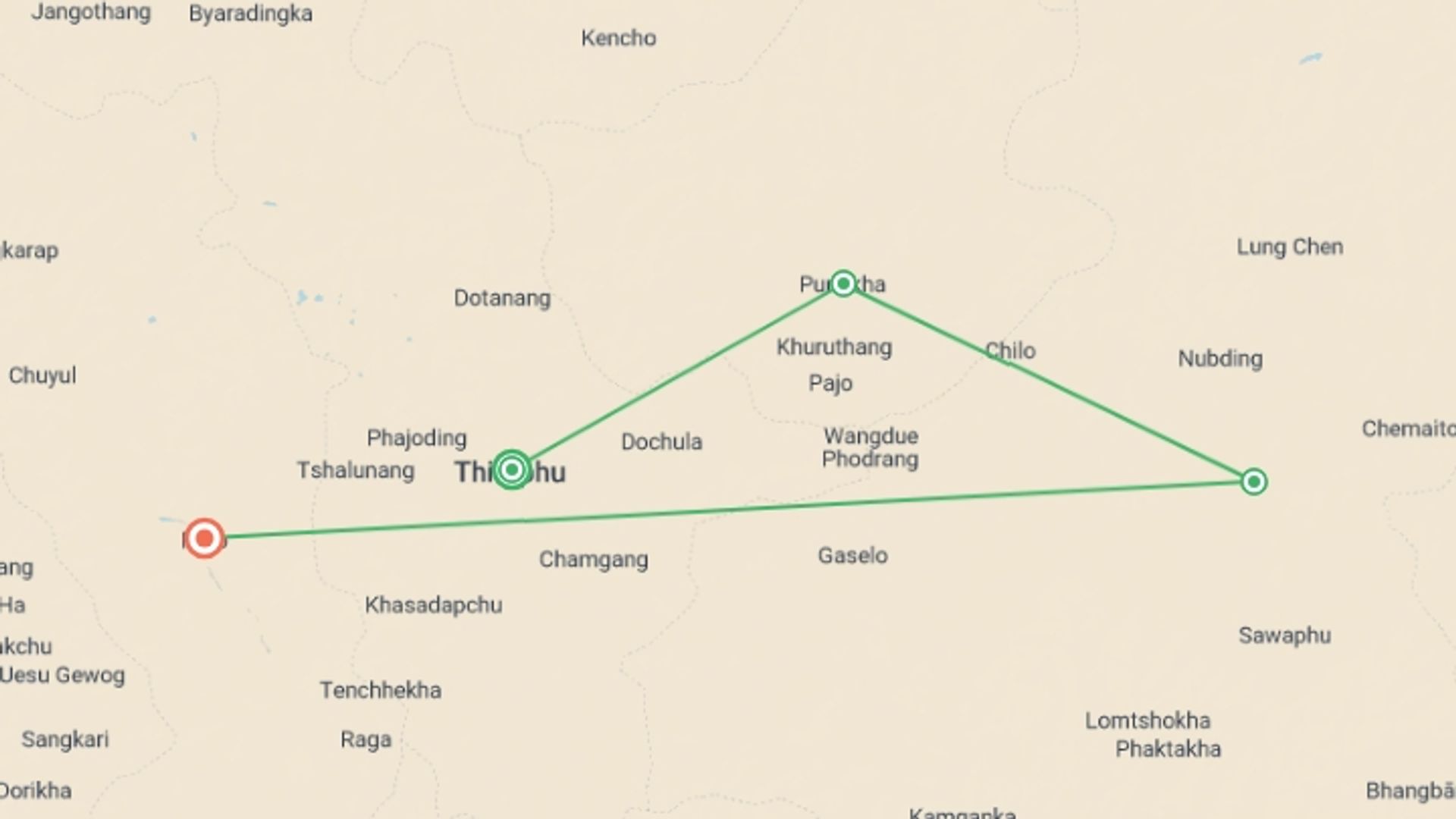 A map showing the tour itinerary for the trip: Premium Bhutan, starting in Thimphu, Bhutan and ending in Paro, Bhutan going through 2 other destinations.