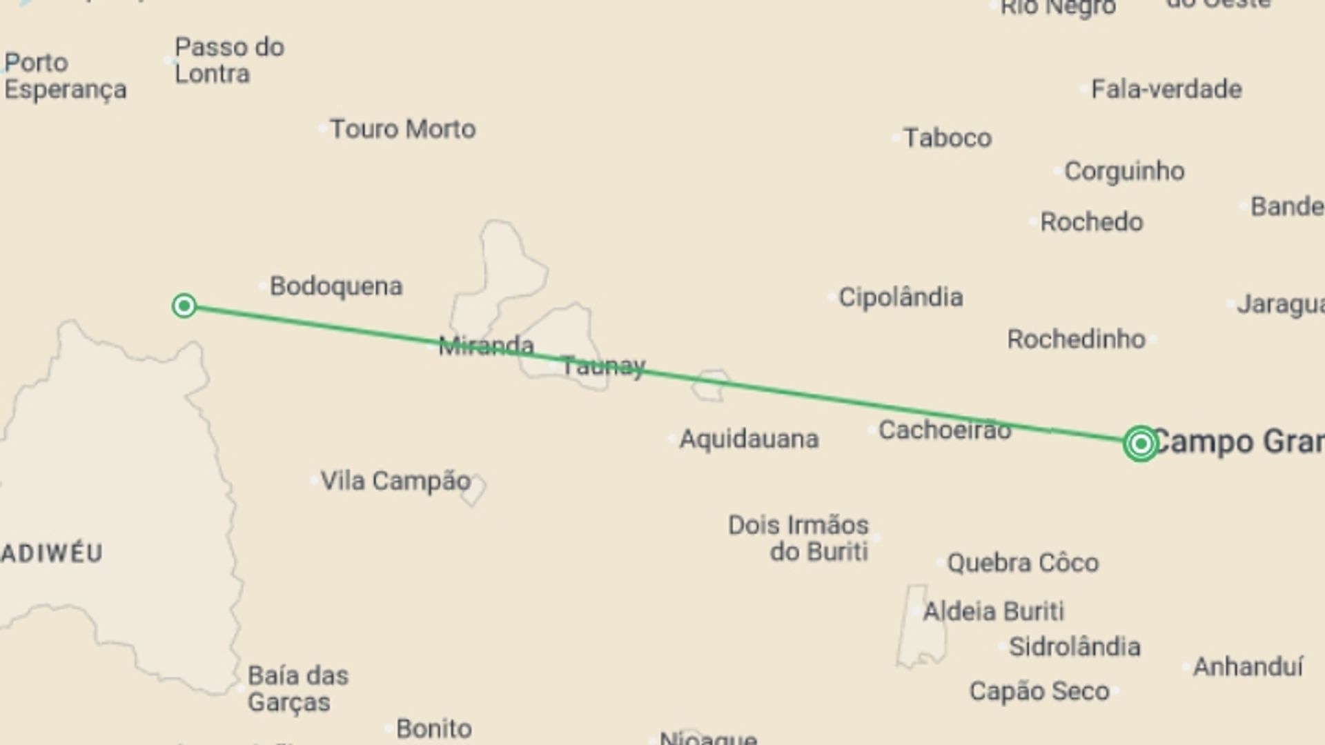 A map showing the tour itinerary for the trip: Pantanal Adventure 4D/3N, starting in Campo Grande, Brazil and ending in Campo Grande, Brazil going through 1 other destinations.