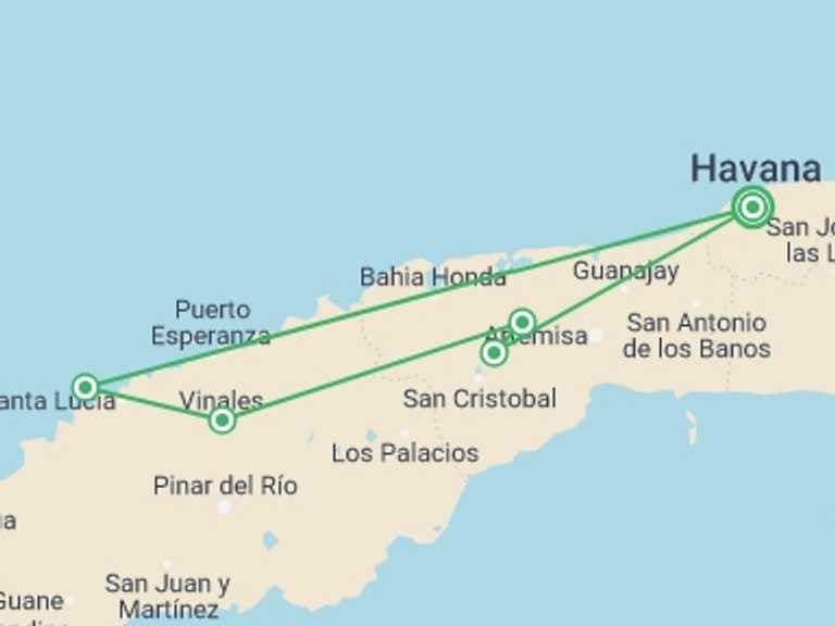 Map of a Bicycle Tour with 5 destination visits for the trip: Cycle Cuba: West