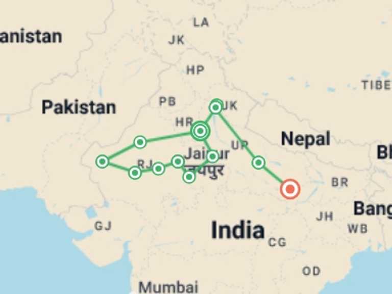 Map of Asia Tour with 11 destination visits for the trip: India: Northern Explorer