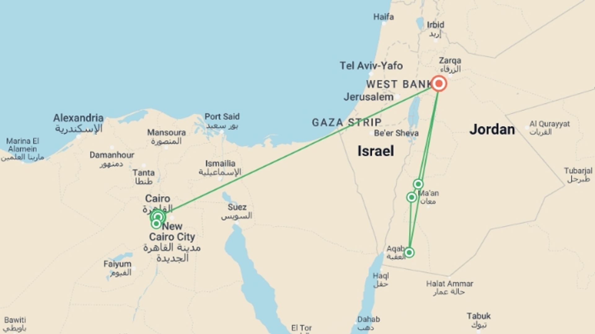 A map showing the tour itinerary for the trip: Pyramids & Petra, starting in Cairo, Egypt and ending in Amman, Jordan going through 2 other destinations.