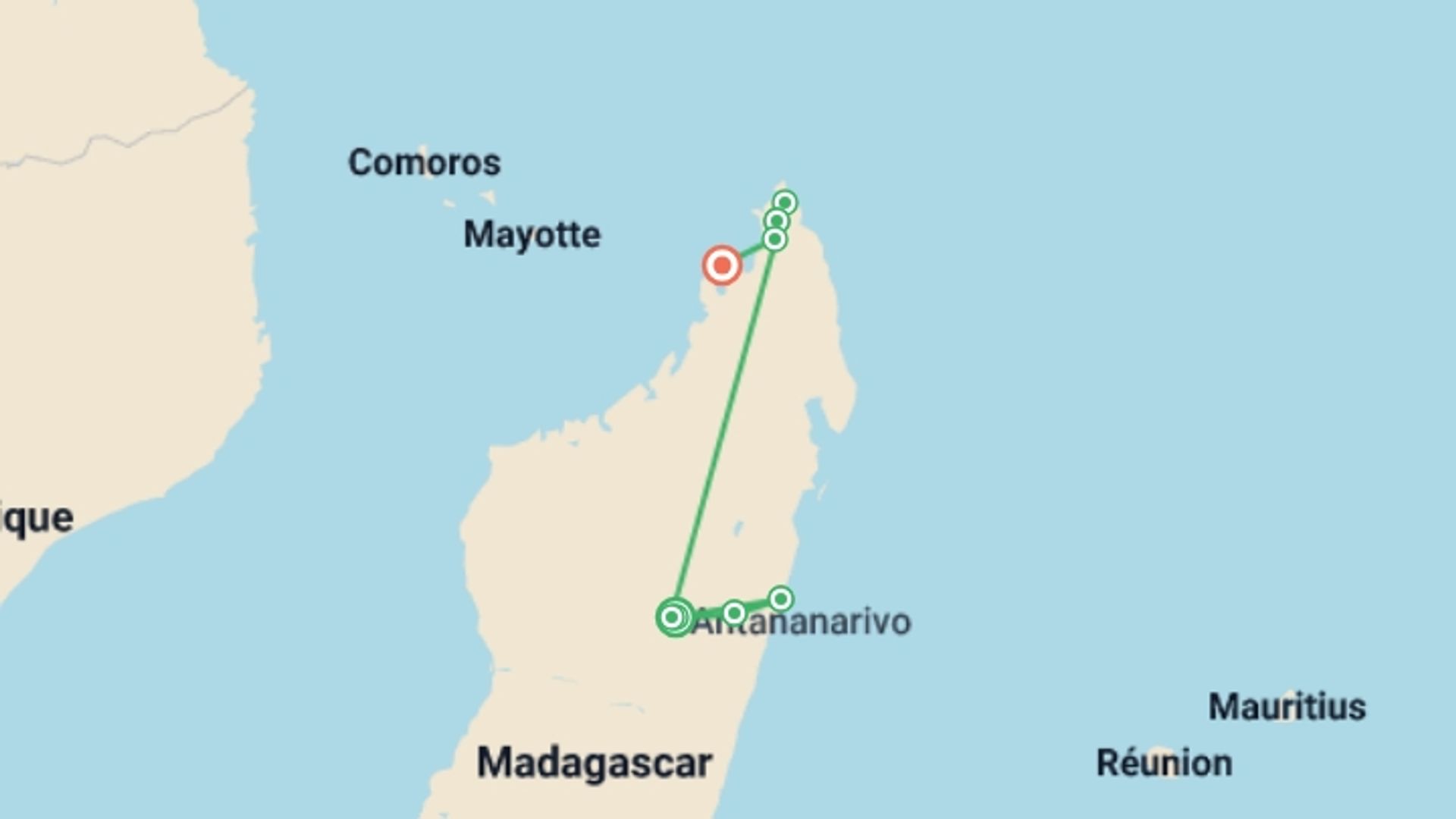A map showing the tour itinerary for the trip: Wild Madagascar, starting in Antananarivo, Madagascar and ending in Nosy Be, Madagascar going through 6 other destinations.