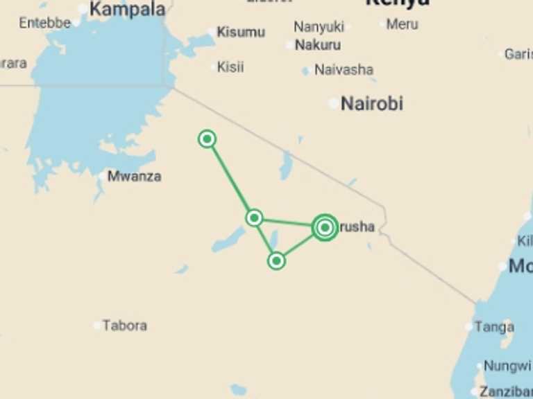 Map itinerary of Africa Tour in October 2026 with 4 destination visits for the trip: Tanzania Safari 35 to 45