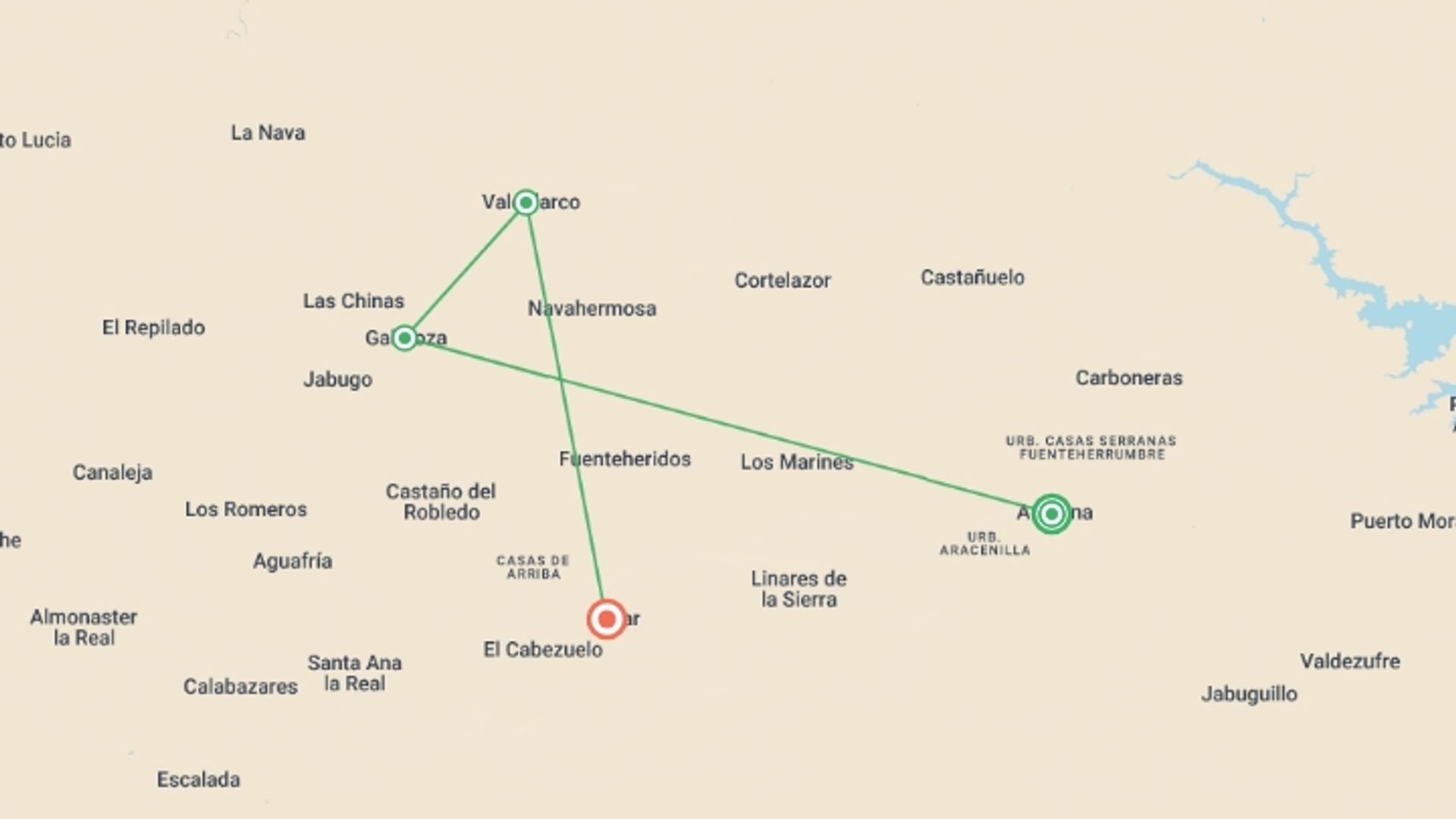 A map showing the tour itinerary for the trip: Smugglers Trails of the Sierra de Aracena - 8 Days, starting in Aracena, Spain and ending in Alájar, Spain going through 2 other destinations.