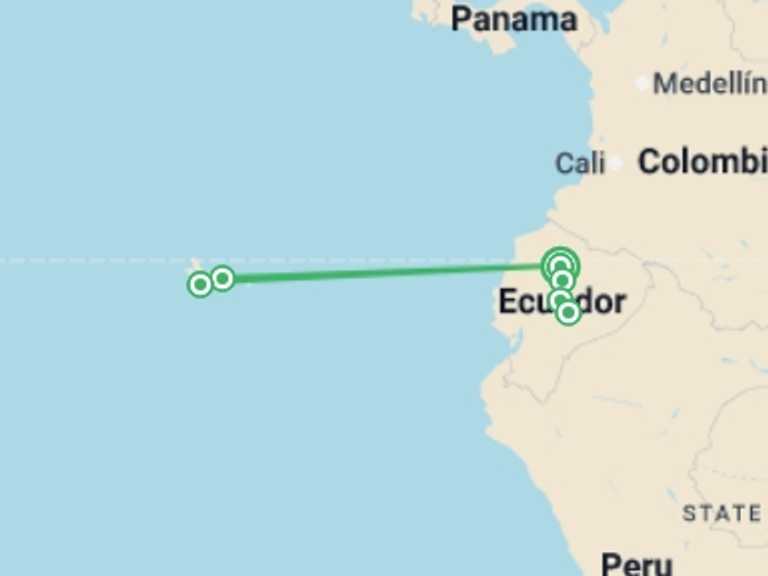 Map of South America Tour with 6 destination visits for the trip: Ecuador: Volcanoes, the Amazon & the Galápagos Islands