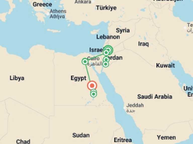 Map itinerary of Mediterranean Tour in March 2027 with 9 destination visits for the trip: Jordan & Egypt: Desert Sands & Ancient Wonders