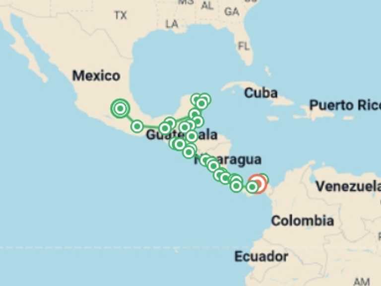 Map of North America Tour with 30 destination visits for the trip: Total Central America: Two Months of Wild