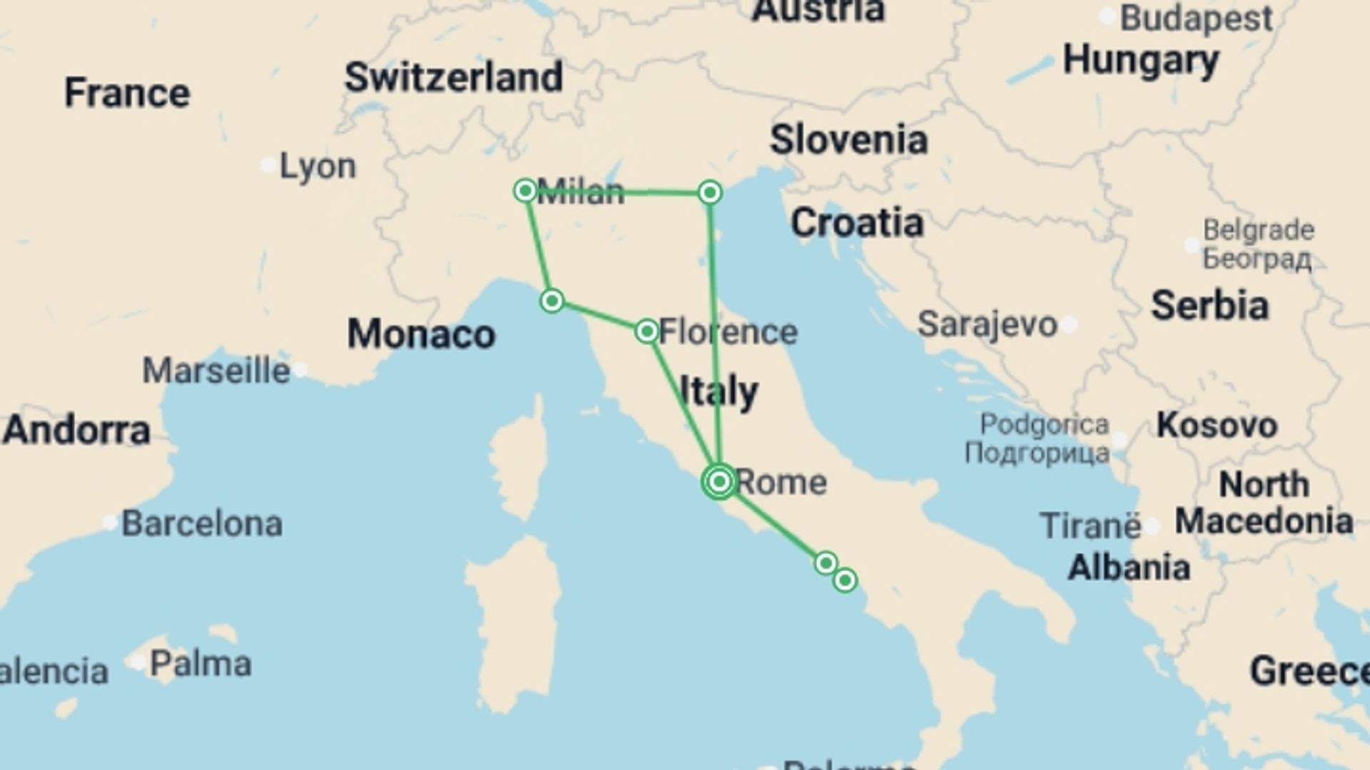 A map showing the tour itinerary for the trip: Simply Italy, starting in Rome, Italy and ending in Rome, Italy going through 6 other destinations.