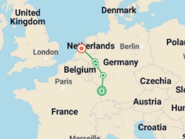 Map of Strasbourg Romantic Tour with 4 destination visits for the trip: The romantic Rhine valley and Holland (port-to-port cruise)