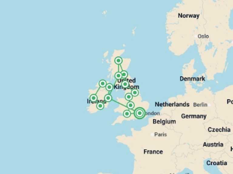 Map itinerary of UK and Britain Tour in August 2026 with 14 destination visits for the trip: Great Britain and Ireland