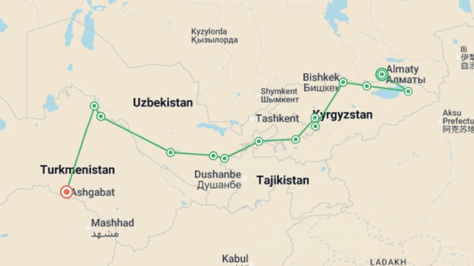 A map showing the tour itinerary for the trip: The Five Stans of the Silk Road - Almaty to Ashgabat, starting in Almaty, Kazakhstan and ending in Ashgabat, Turkmenistan going through 6 other destinations.