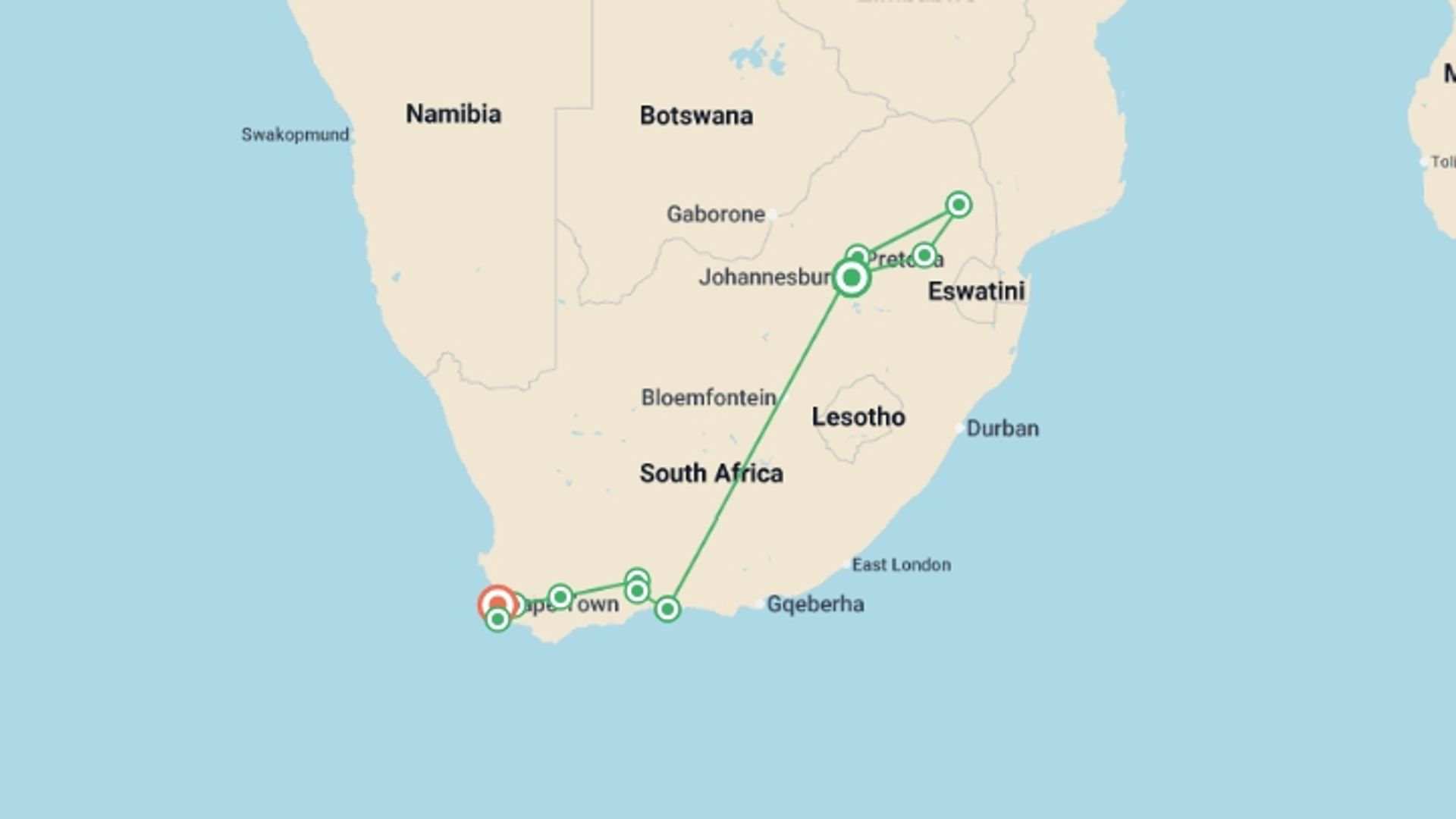 A map showing the tour itinerary for the trip: Cape Town, Kruger And Garden Route, Self-drive, starting in Johannesburg, South Africa and ending in Cape Town, South Africa going through 6 other destinations.