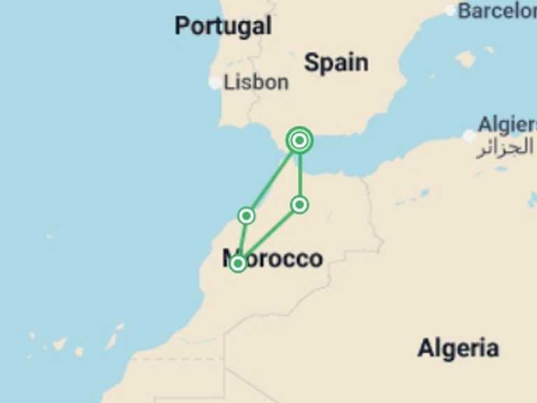 Map of Europe Tour with 4 destination visits for the trip: Costa del Sol to Morocco Week (Superior) - 7 days
