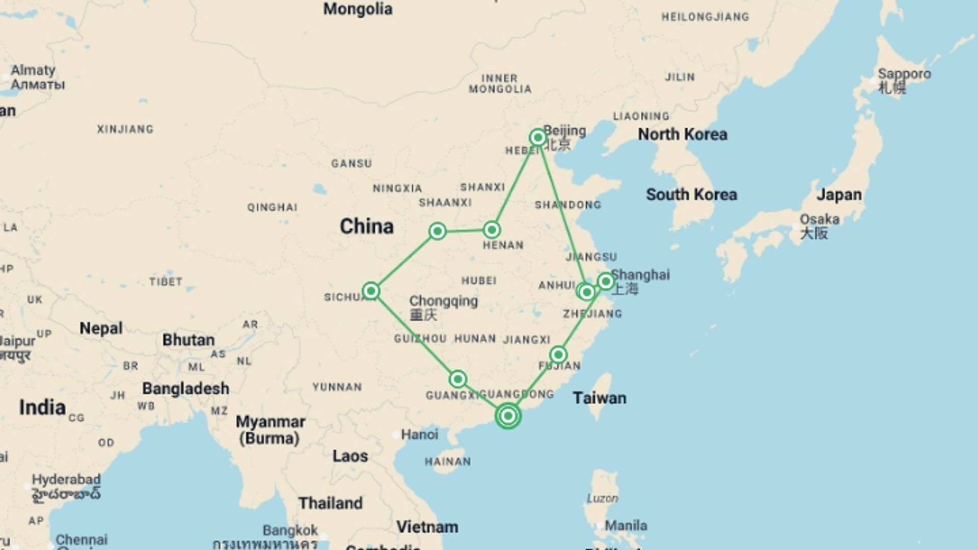 A map showing the tour itinerary for the trip: China on a Shoestring, starting in Hong Kong, Hong Kong and ending in Hong Kong, Hong Kong going through 8 other destinations.