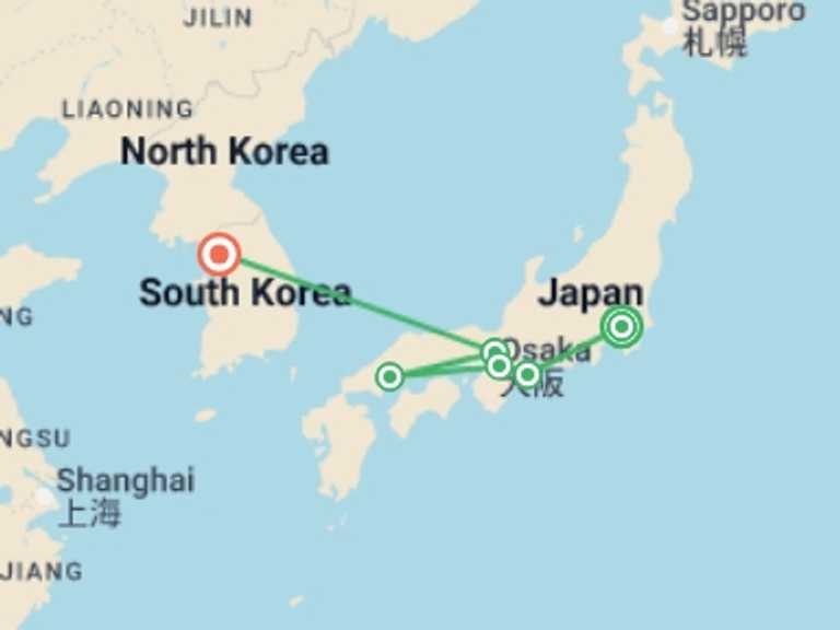 Map itinerary of Asia Tour in April 2027 with 5 destination visits for the trip: Japan & South Korea: From Tokyo to Seoul