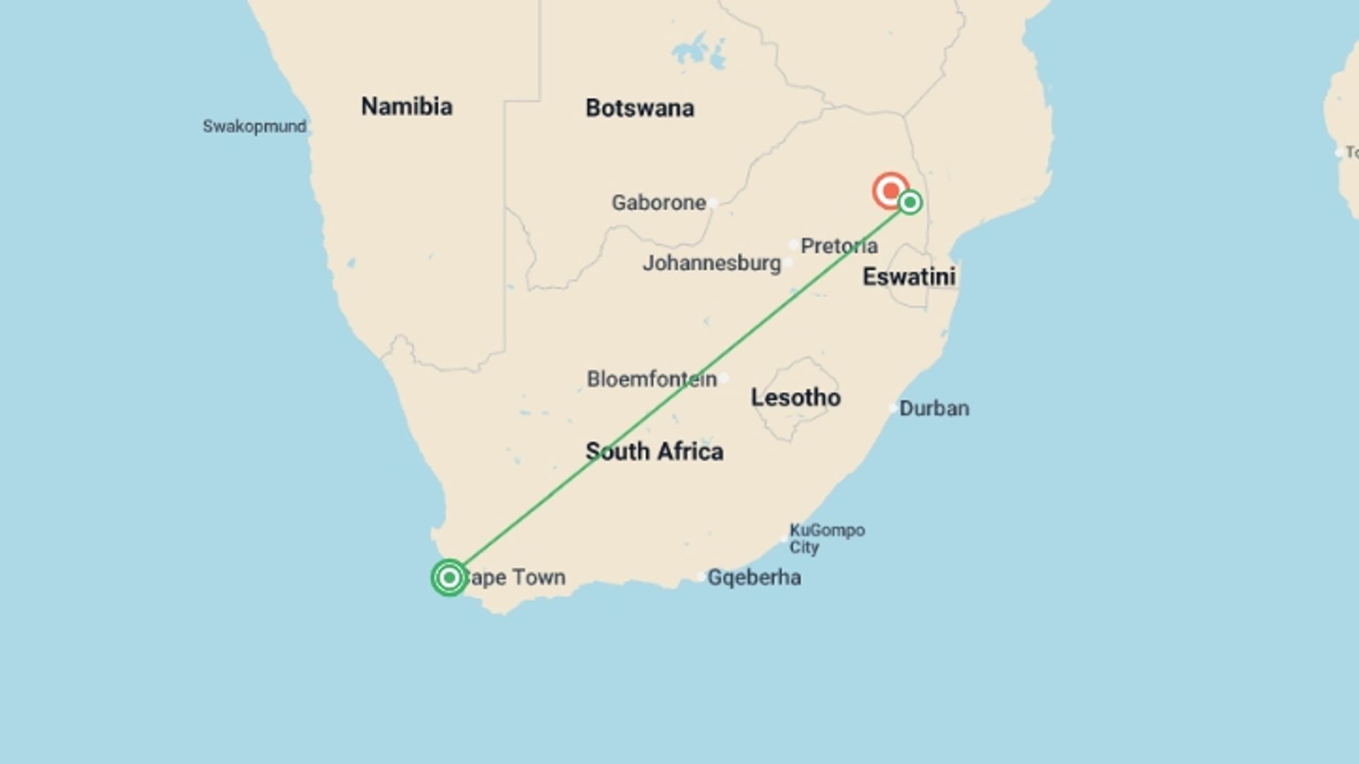 A map showing the tour itinerary for the trip: Cape Town & Kruger (Mantobeni Camp) - 9 days, starting in Cape Town, South Africa and ending in Hoedspruit, South Africa going through 2 other destinations.
