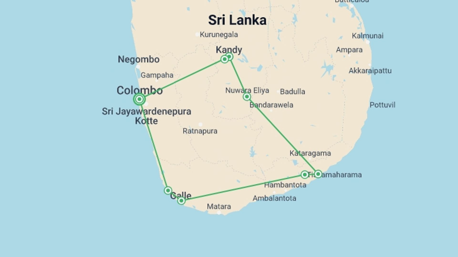 A map showing the tour itinerary for the trip: Best Of Sri Lanka 7 Days, Private Tour, starting in Colombo, Sri Lanka and ending in Colombo, Sri Lanka going through 4 other destinations.