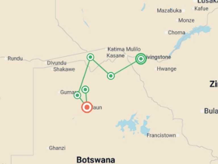Map itinerary of Africa Tour in August 2026 with 7 destination visits for the trip: Family Botswana and Zimbabwe Safari Adventure