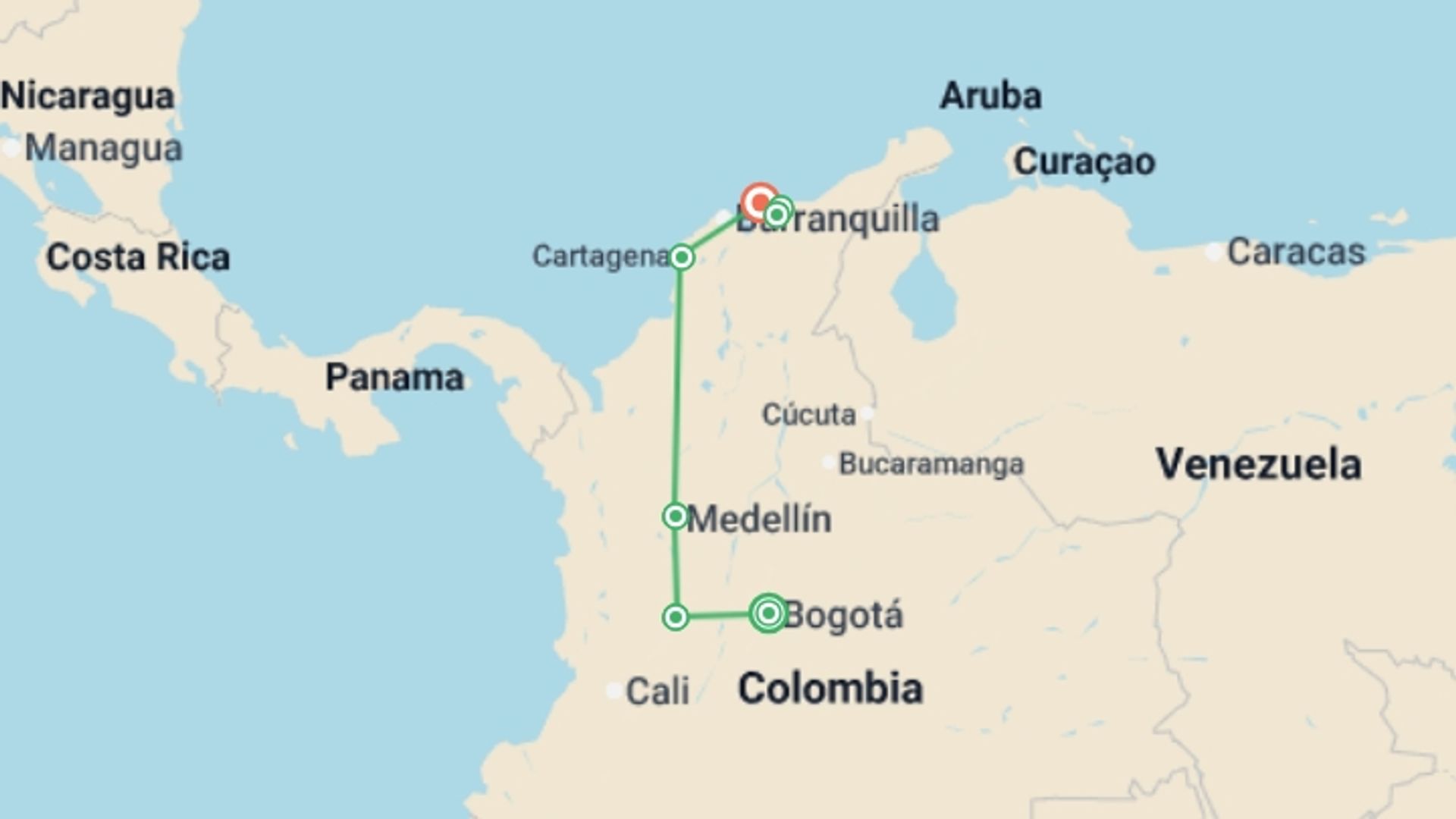 A map showing the tour itinerary for the trip: Colombia Adventure & Lost City Trek, starting in Bogota, Colombia and ending in Santa Marta, Colombia going through 6 other destinations.