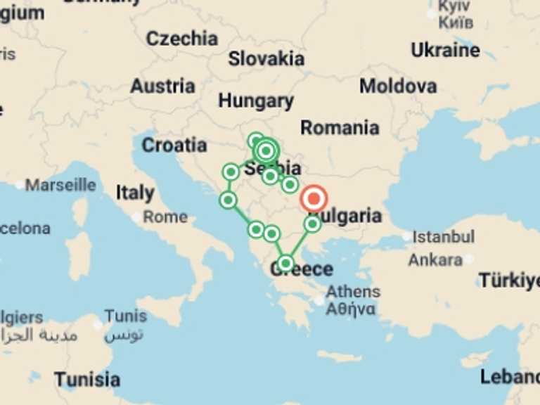 Map of Sofia Explorer Tour with 11 destination visits for the trip: Jewels of Serbia and the Balkans