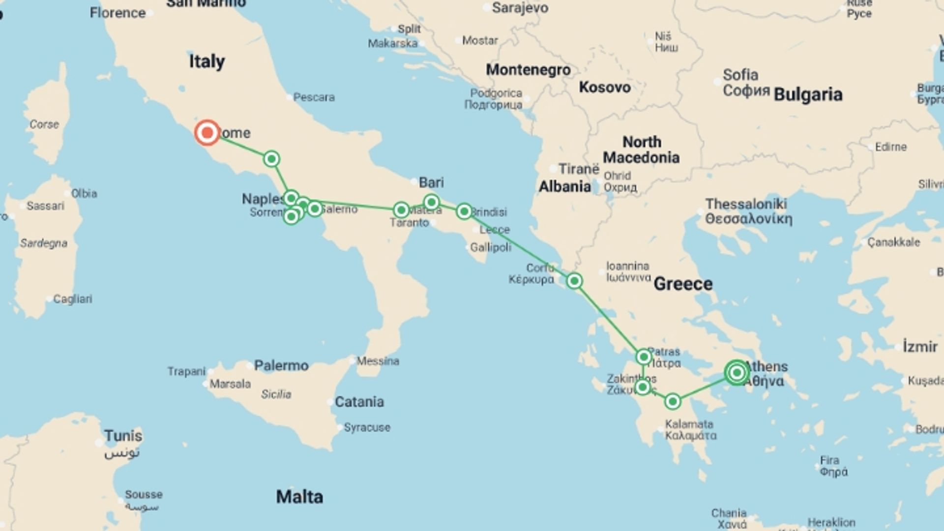 A map showing the tour itinerary for the trip: Athens, Peninsula, Heart of Italy with Sorrento, starting in Athens, Greece and ending in Rome, Italy going through 4 other destinations.