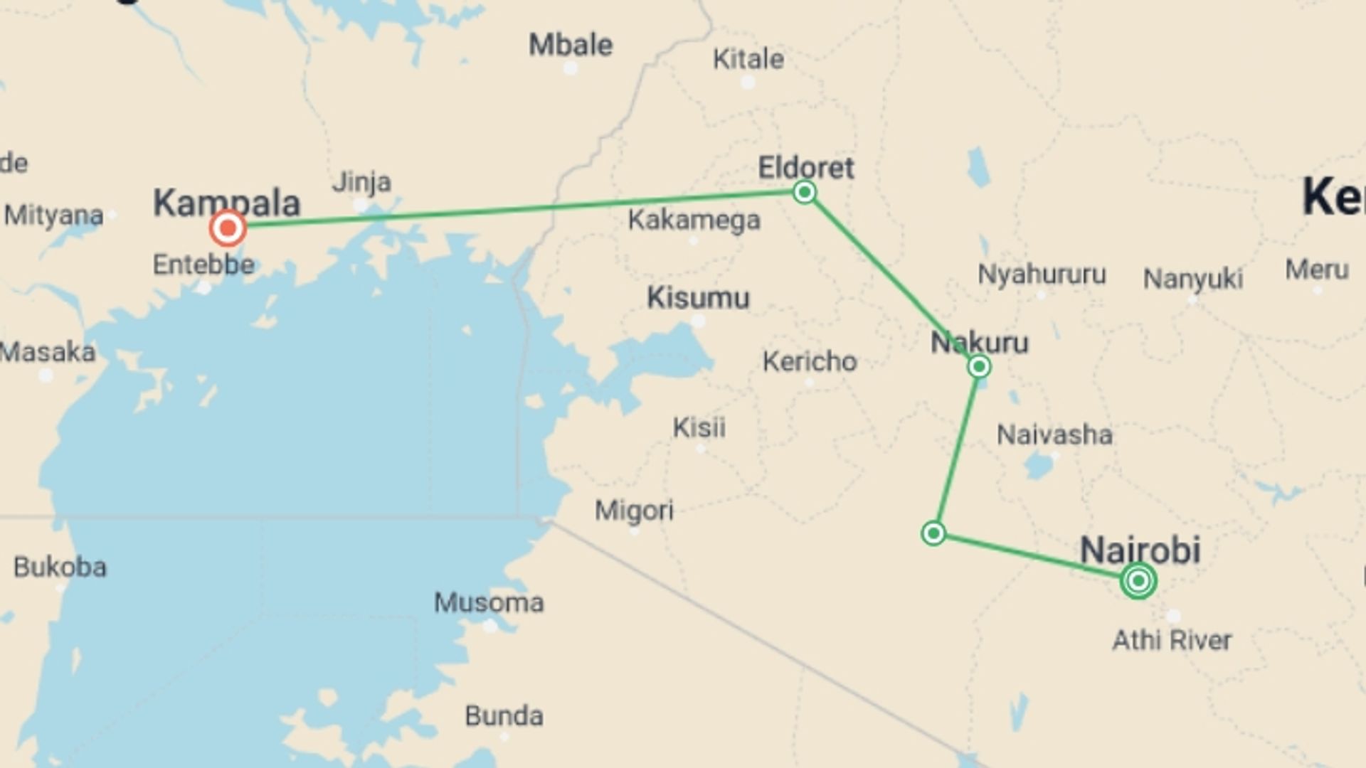 A map showing the tour itinerary for the trip: Nairobi to Kampala Overland Safari & Participation Camping, starting in Nairobi, Kenya and ending in Kampala, Uganda going through 3 other destinations.