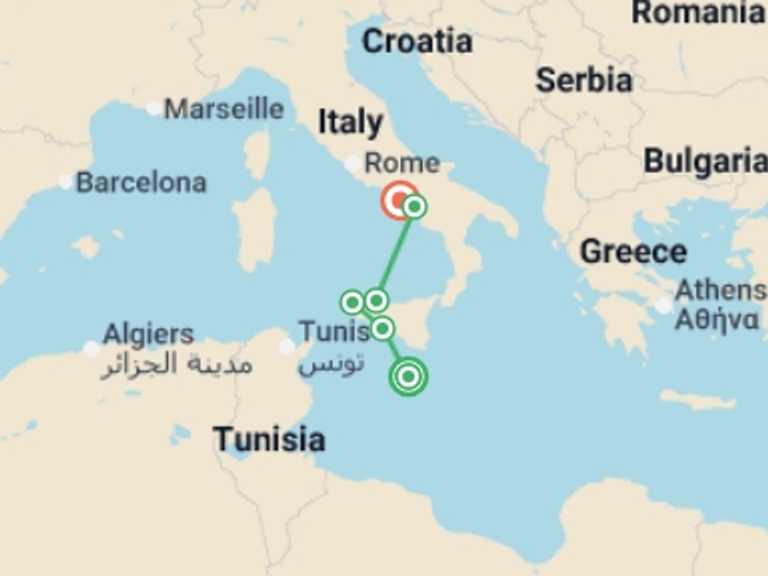 Map of 8-Day Mediterranean Tour with 6 destination visits for the trip: The Best Spots in Sicily and Southern Italy (port-to-port cruise)