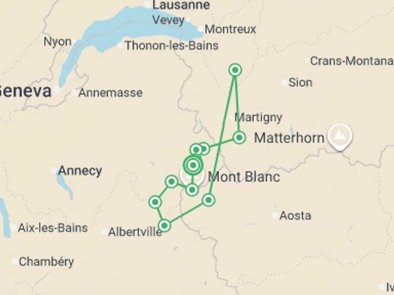 Map itinerary of Mediterranean Tour in July 2026 with 6 destination visits for the trip: Hike the Tour du Mont Blanc
