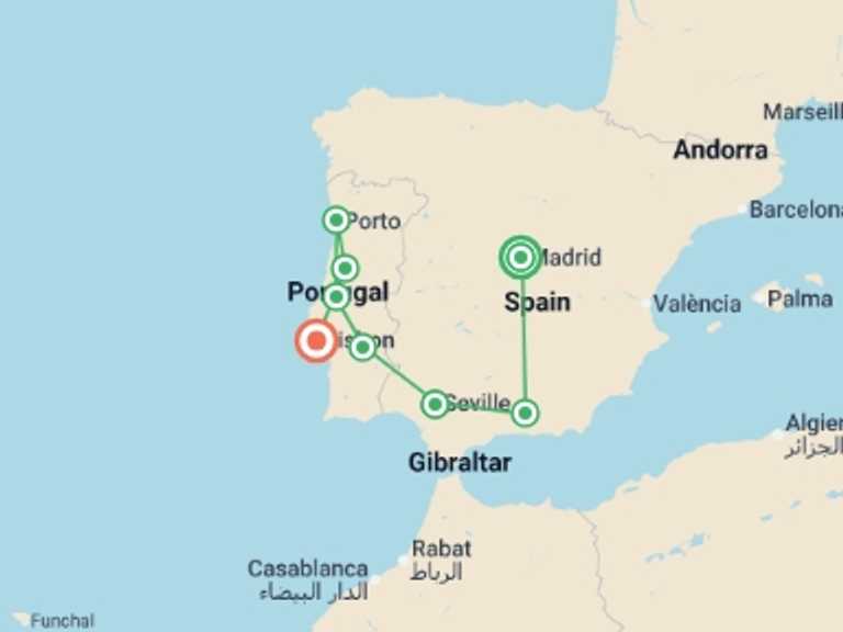 Map of Europe Tour with 8 destination visits for the trip: Andalusia and Portugal completely Madrid (Without Alhambra)